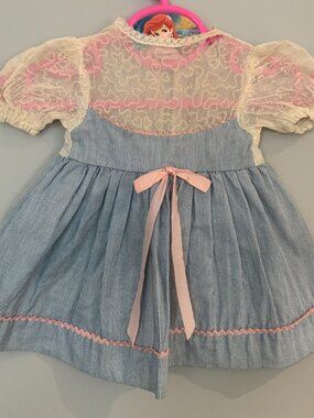 Vintage Infant/Toddler Dress Blue Pink Sheer Puff Sleeve Cottagecore prairie